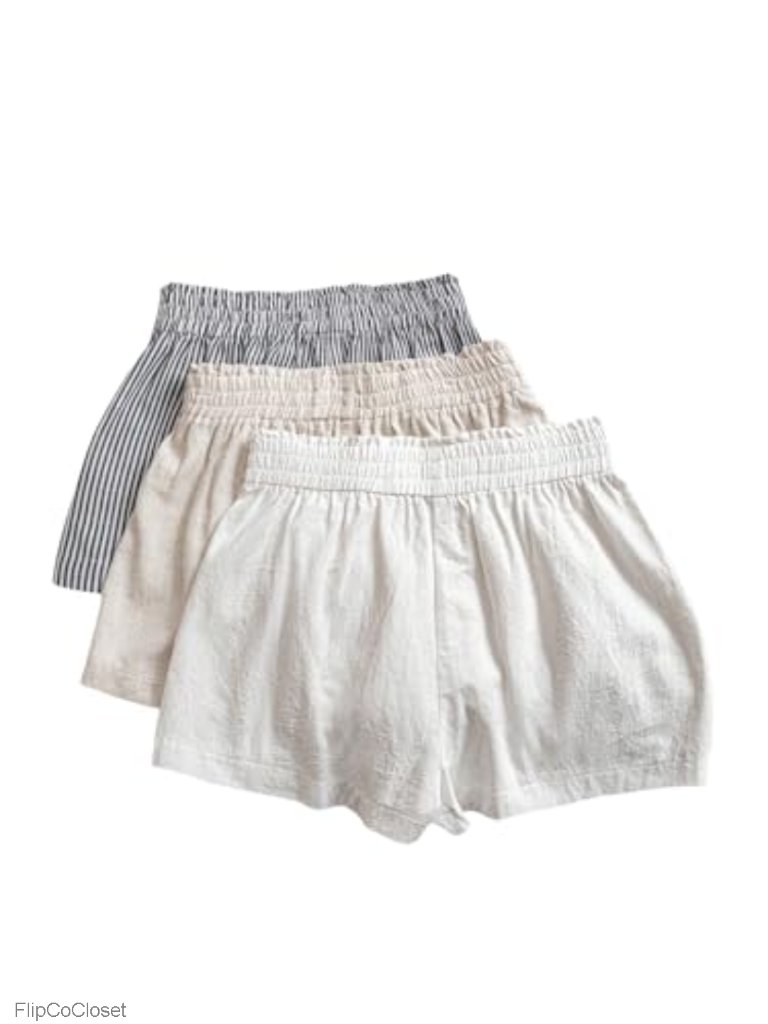 3-Pack Linen Shorts Elastic Waist Wide Leg Casual Lounge Summer Shorts